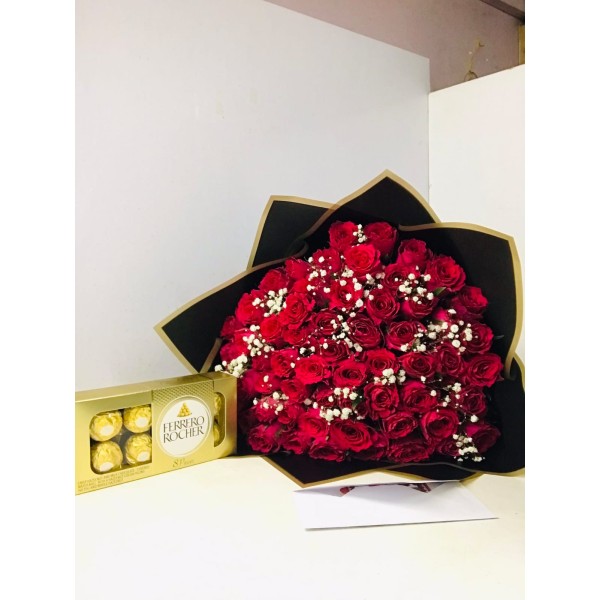 60Rose Stems of Red Roses & Chocolate